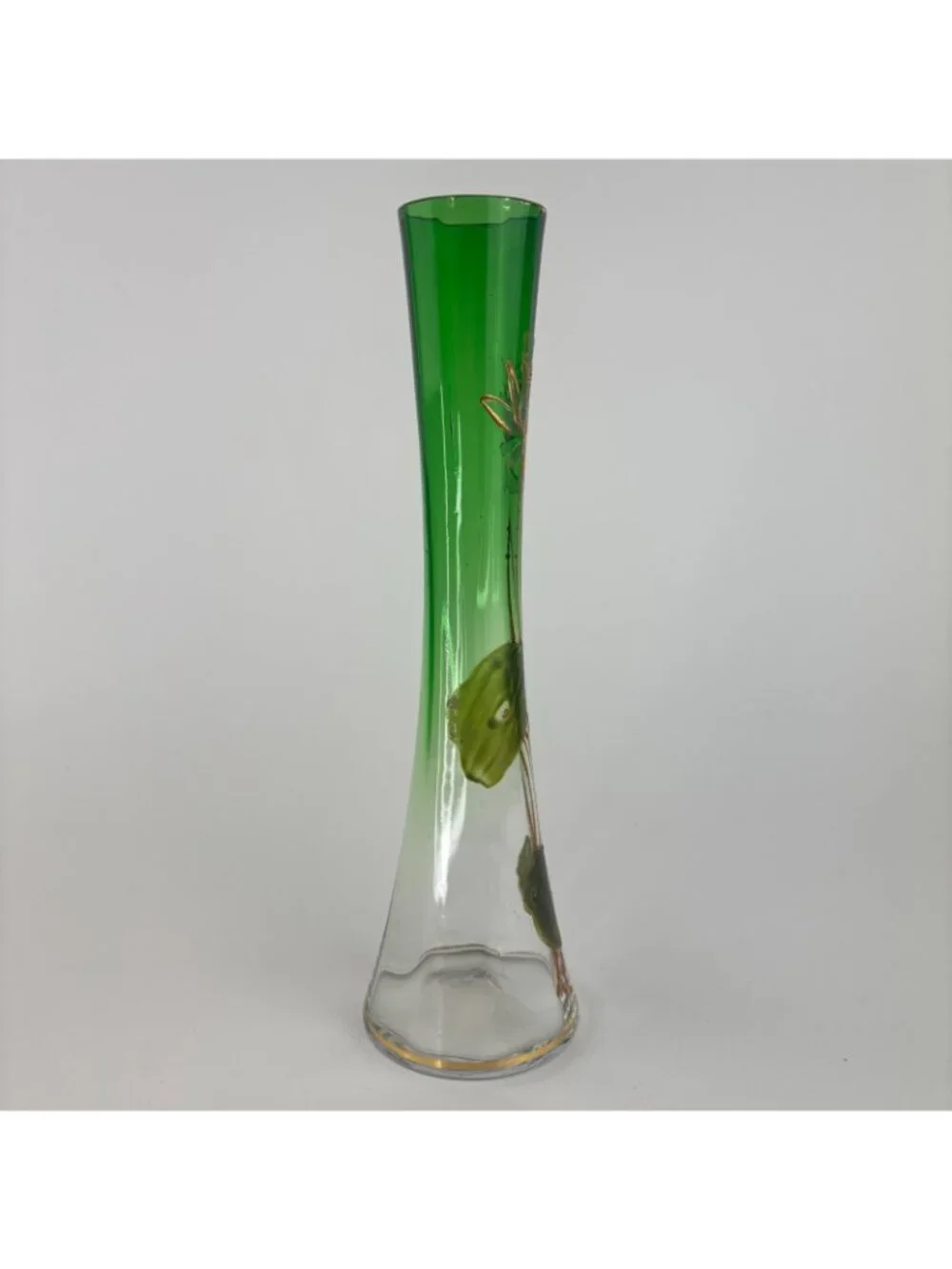 Vintage Emerald Green Glass Vase Gold Hand Painted Flowers 10” Tall